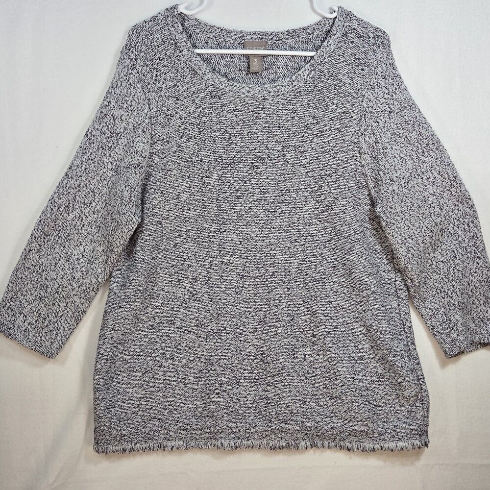 Chicos Women’s Black/White Long Sleeve Sweater Shirt Top Tunic Raw Hem Size 3
